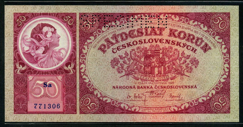 Czechoslovakian currency 50 Czech Korun banknote 1929 Jaroslava Mucha as Slavia|World Banknotes