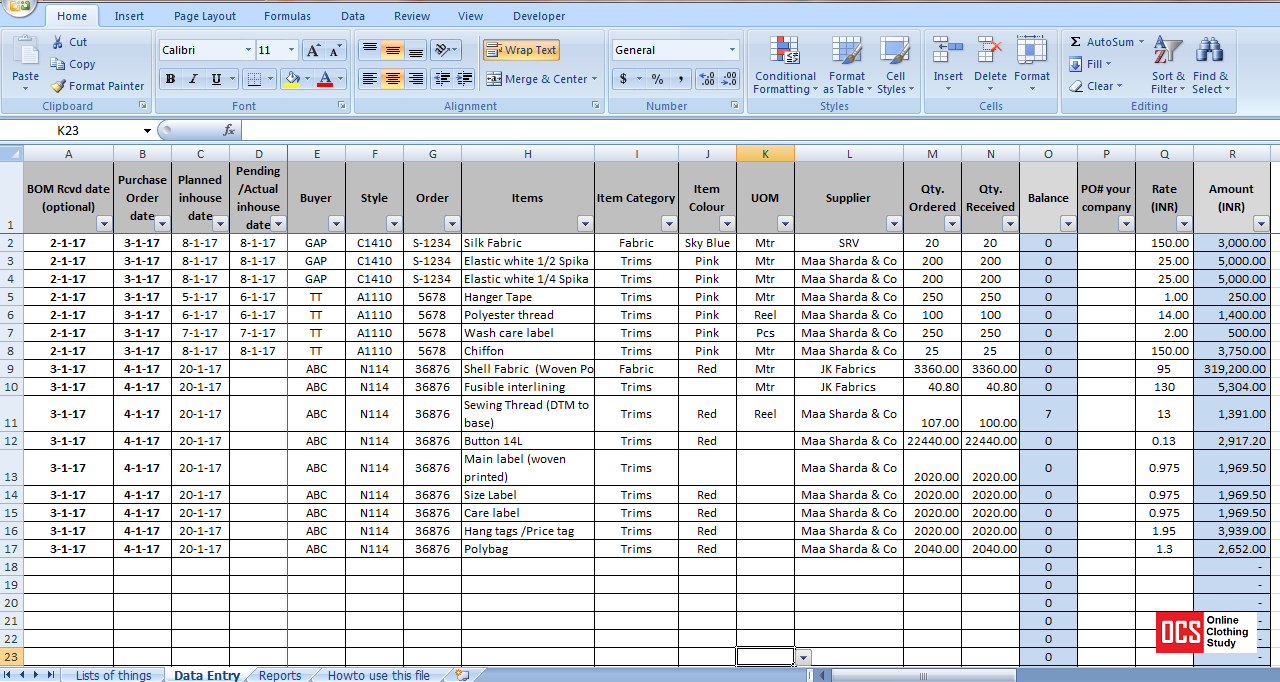 How to Maintain Fabric, Trim and Accessory Record in an Excel Sheet?