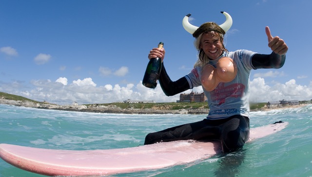 Stag on a surf board Stag with antlers on and fake boobs on a surf board Newquay