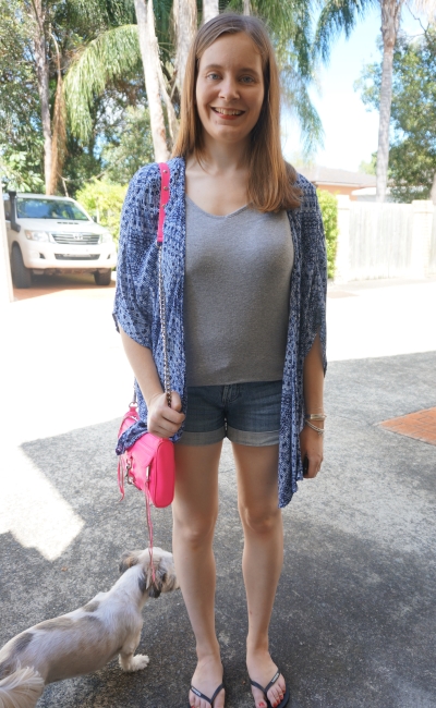 grey tee, shorts dressed up with printed kimono bright neon bag | Away From Blue