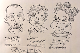 Darren Chetty, Candy Gourlay, Samantha Williams at Bare Lit 2018. Sketch by Sarah McIntyre