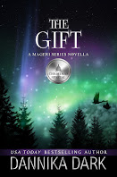 The Gift book cover shows a beautiful forest at night, the northern lights illuminating the sky with blue, green, and purple. A silhouette of trees runs along the middle to bottom half with colorful fog. Stork flying through with a baby hanging in a bundle from its beak.