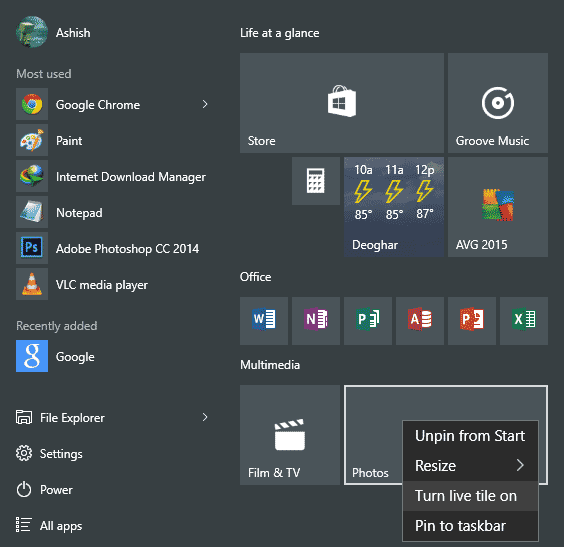Turn On Live Tile for Photos App Turn On Live Tile for Photos App
