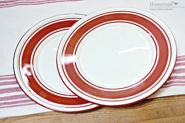 enamelware red striped plates repurposed into a pedestal dish