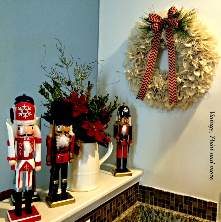 Vintage, Paint and more... vintage nutcrackers, ironstone pitcher, diy burlap wreath used in Christmas decor of a kitchen