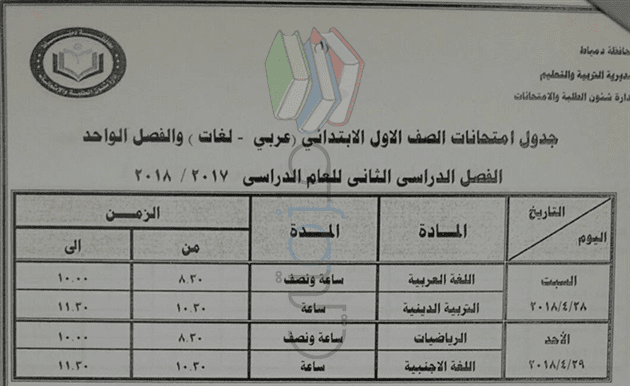 جدول امتحانات الصف الأول الابتدائي 2018 الترم الثاني محافظة دمياط