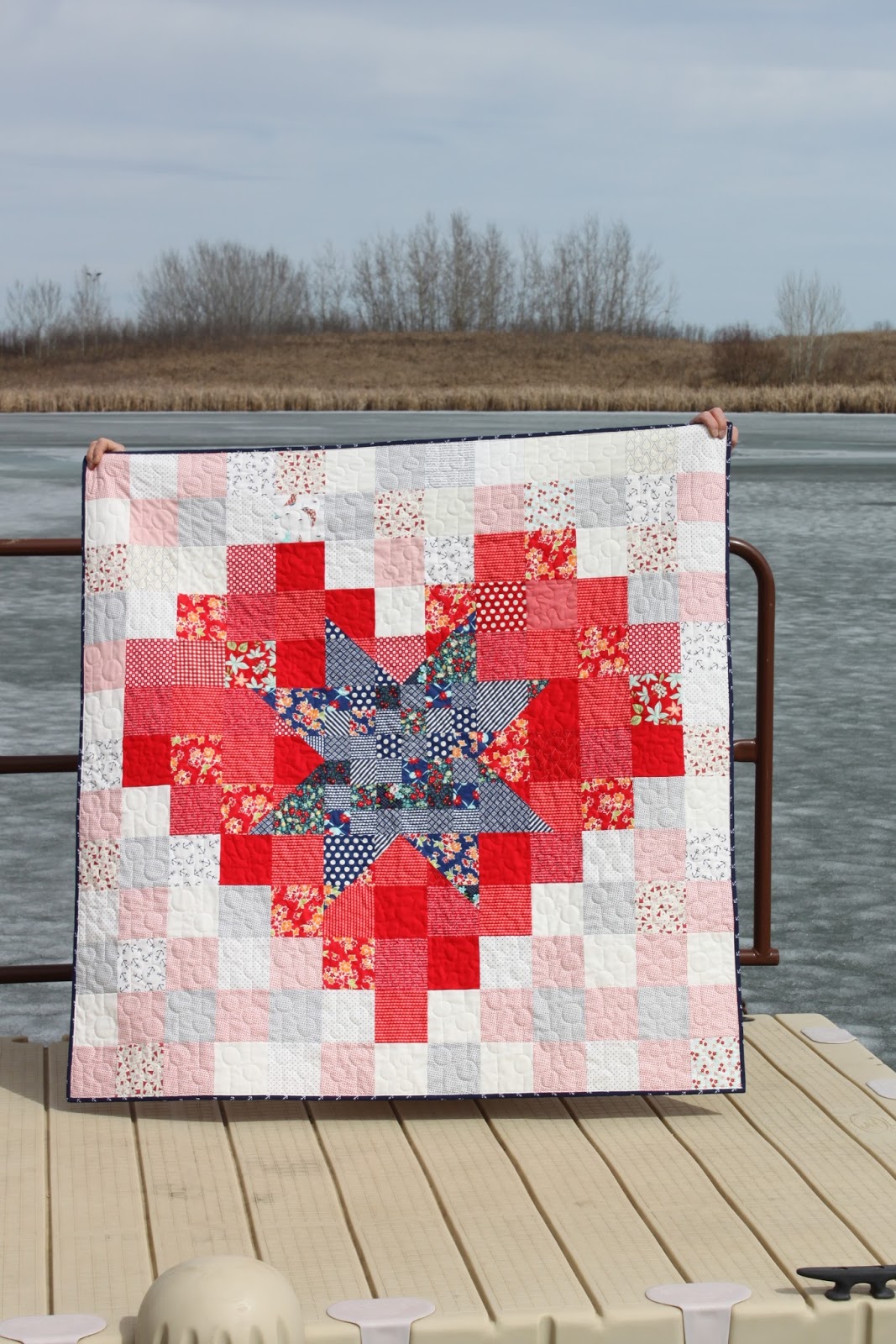 Daydreams of Quilts Pixel Star in a Pixel Heart Red White and Blue Quilt
