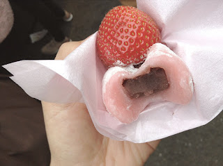 Fresh strawberry red bean mochi at Tsukiji Fish Market inTokyo Japan