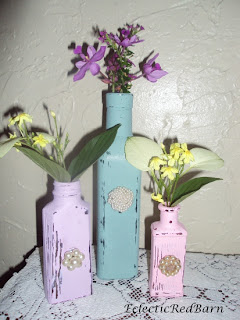 shabby chic painted bottles, painted bottles with earrings