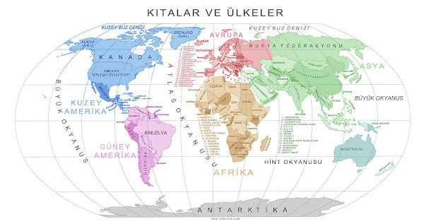 Dünya kıtalar ve ülkeler siyasi haritası