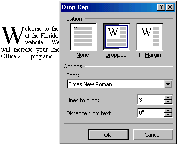 Set Drop Cap Options in Microsoft Office Word Processing Practicals