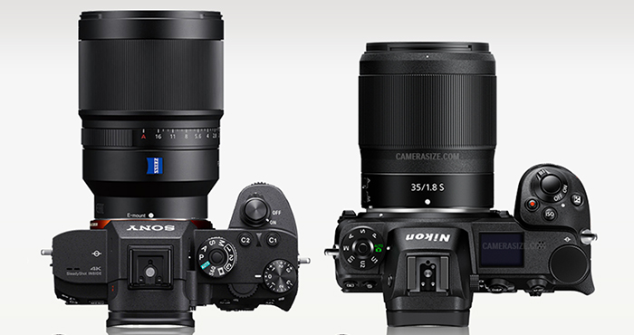 Сравнение габаритов Sony Zeiss 35mm f/1.4 и Nikon Z 35mm f/1.8 S