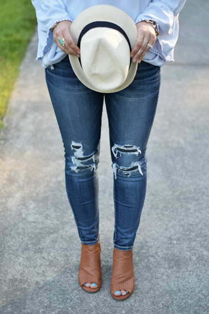 Perforated Sandals, Distressed Jeans and Straw Hat