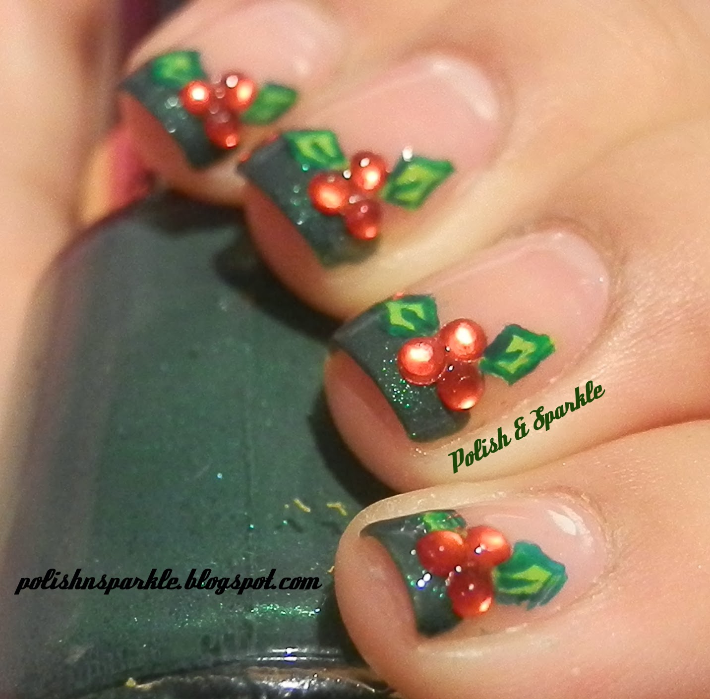 Polish &amp; Sparkle: Christmas Nails - Holly French Tips