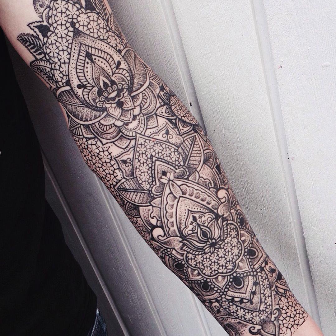 tattoo mandala sleeve tattoos ornamental jessica kinzer flower patterns arm meticulously stippled floral geometric men tatouage designs work pattern scene360