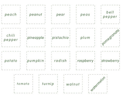 Fruits and vegetables word cards for the bingo game