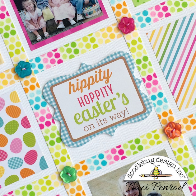 12x12 Easter Spring Scrapbook Page Layout with colorful polka dot washi tape & eggs