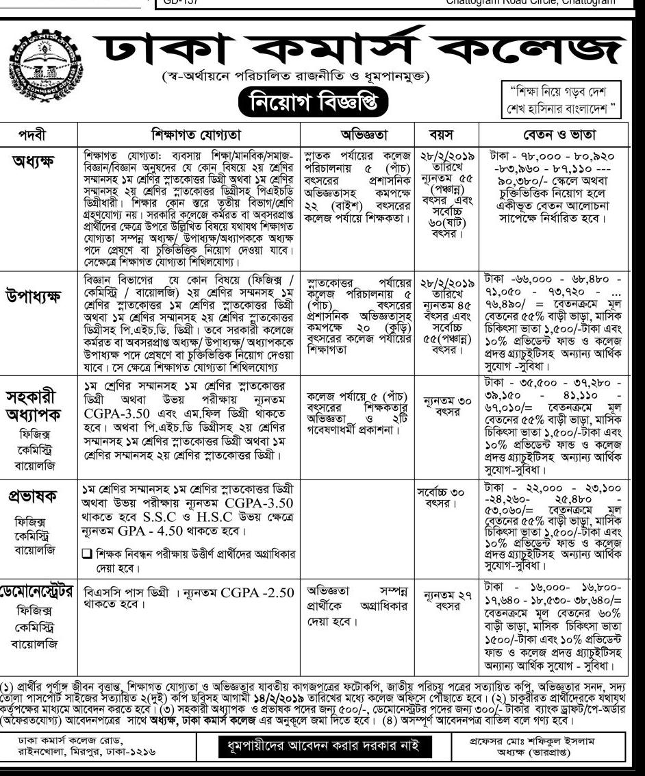 Dhaka Commerce College Job Circular 2019