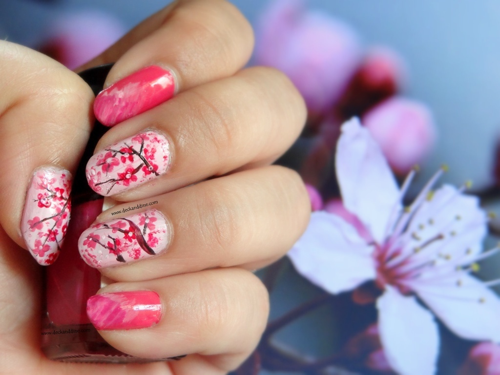 Red and Black Cherry Blossom Nail Design for Spring - wide 3