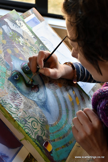 Painting a portrait. Mixed media on canvas