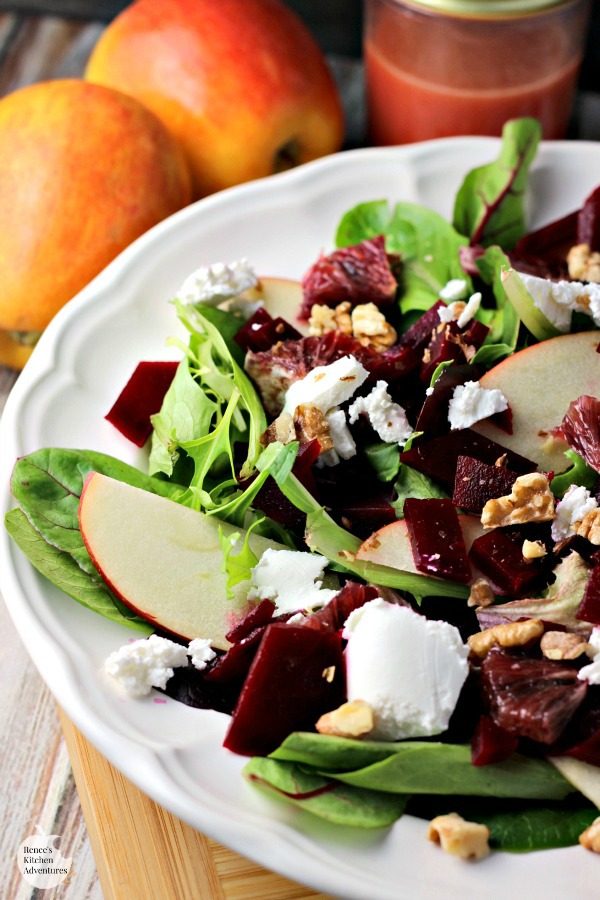 Blood Orange, Beet, and Apple Salad with Goat Cheese and Citrus Honey Vinaigrette | by Renee's Kitchen Adventures - easy meatless salad recipe with a recipe for homemade dressing made with citrus and honey #SundaySupper #RKArecipes 
