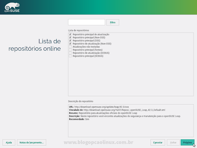 Os novos repositórios do openSUSE Leap 42.2 serão adicionados ao seu sistema
