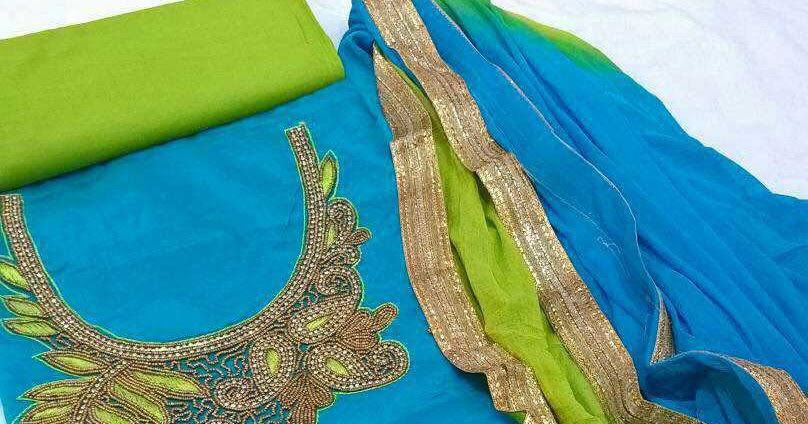 Chaderi silk hand embroidered salwar suit material | Online Salwar ...