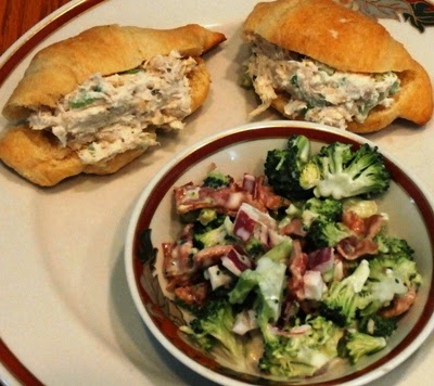 Mini chicken salad sandwiches and broccoli salad