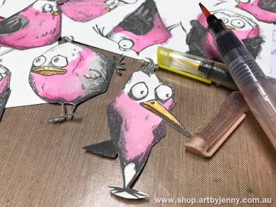 trimming and cutting Galahs made using Tim Holtz Bird Crazy Stamps