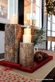 Christmas, candles, pine branches, copper paint, centerpiece, DIY, woodland, logs, pinecones, fusion mineral paint, http://bec4-beyondthepicketfence.blogspot.com/2015/12/12-days-of-christmas-day-8-woodland.html