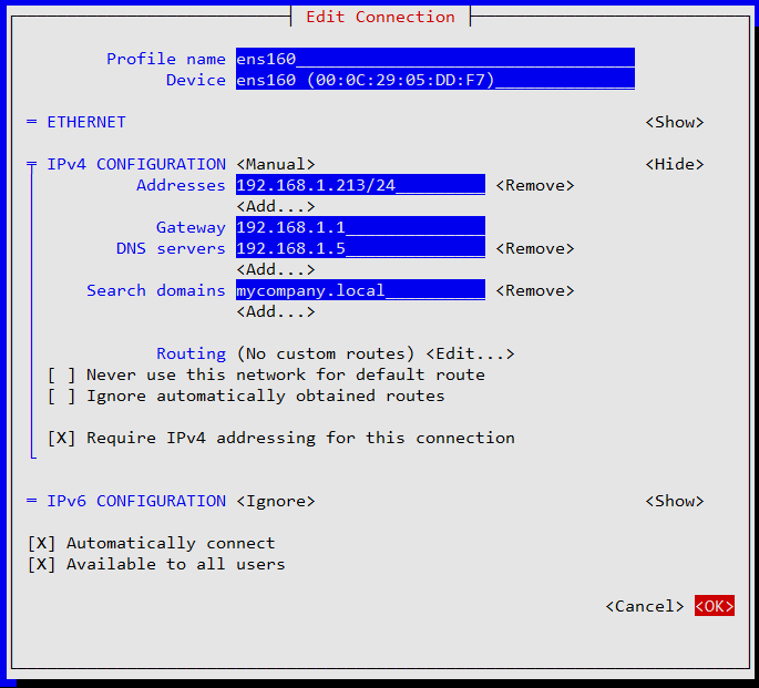 Figure (1.3) Edit Connection Detail of ens160 with Static IPv4 Address.