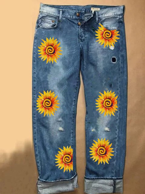 Vintage Casual Plus Size Floral Printed Jeans Pants