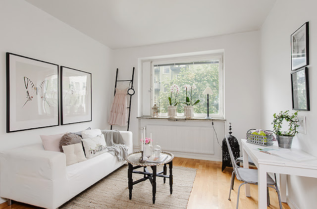 Kitnet decorada, feminina, clean, detalhes étnicos. Blog Achados de Decoração