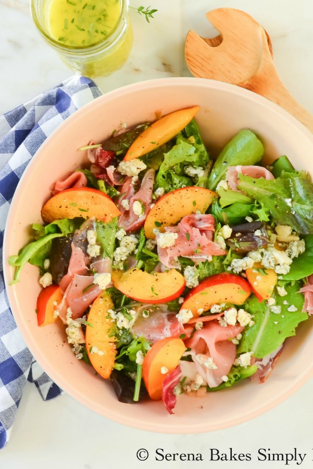 Nectarine Summer Salad With Prosciutto Blue Cheese And Lemon Rosemary Thyme Vinaigrette from Serena Bakes Simply From Scratch.