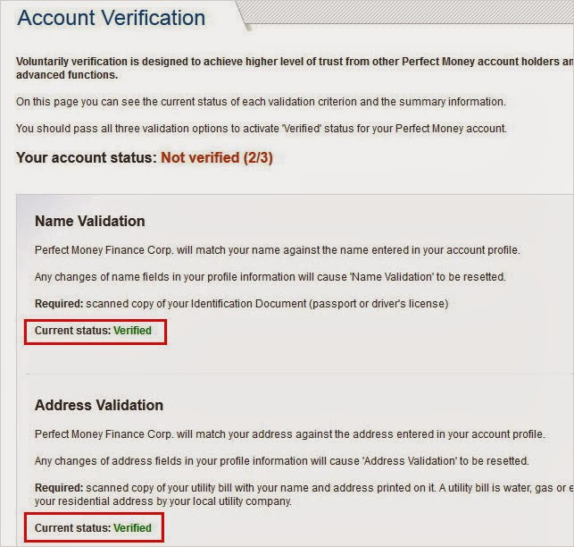 Address fields. Perfect money verification account. Account not verified. Verify Design. Status for account.
