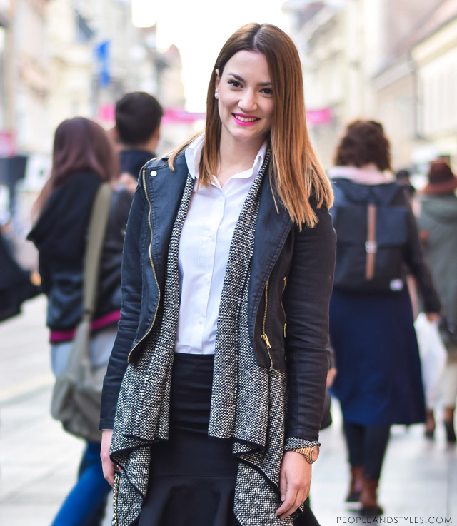 Elegant, stylish daily street style outfit idea, weekend look: flared mini skirt, biker jacket, layered cardigan and ankle boots, Andrea Racetin