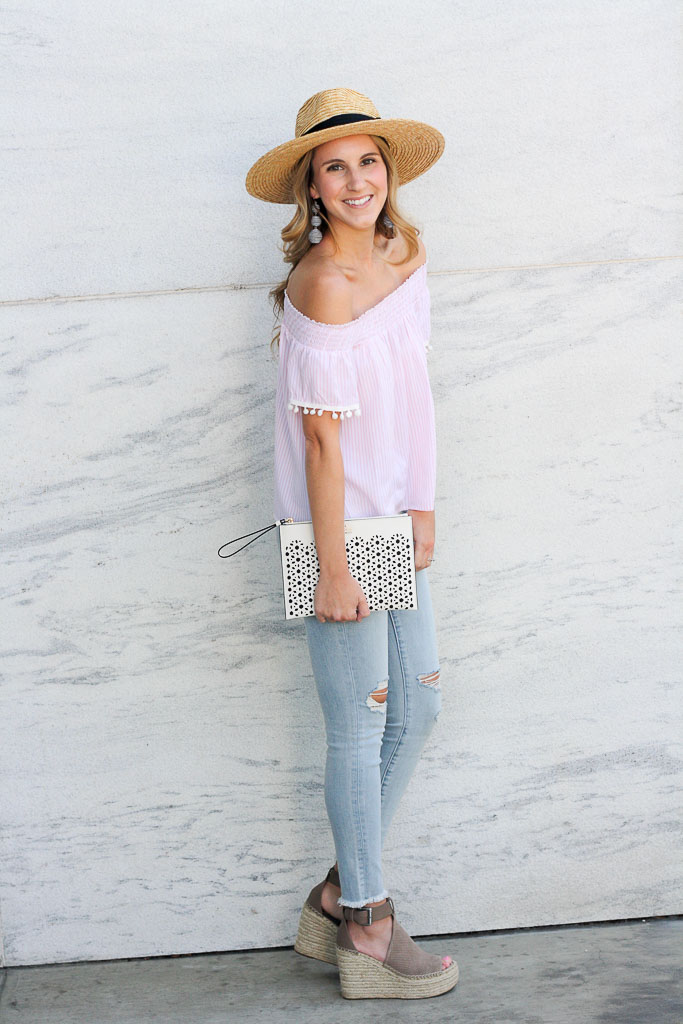 Striped off the shoulder top with pom trim 