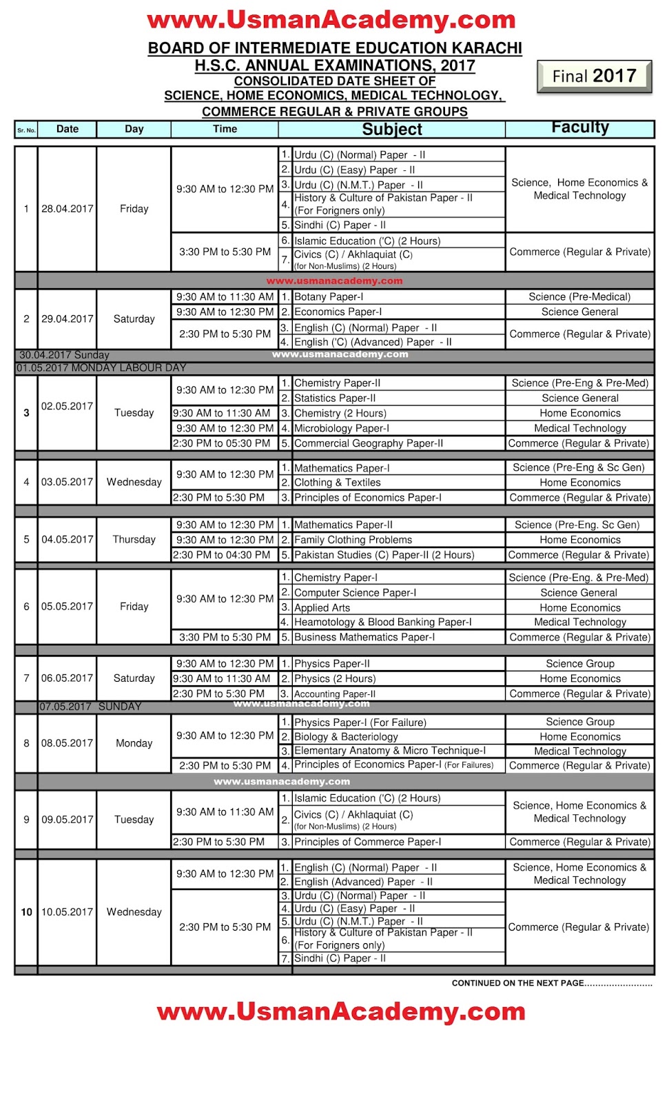 biek inter 1st year 2nd year date sheet 2018 hssc part 1 part ics form 201