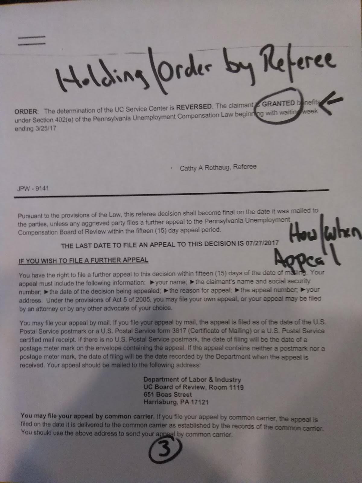 Final Page Announces Referee Decision Under "Order" Section