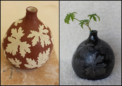 Before and after photo of leaf imprint soda fired pottery vase by Lily L.