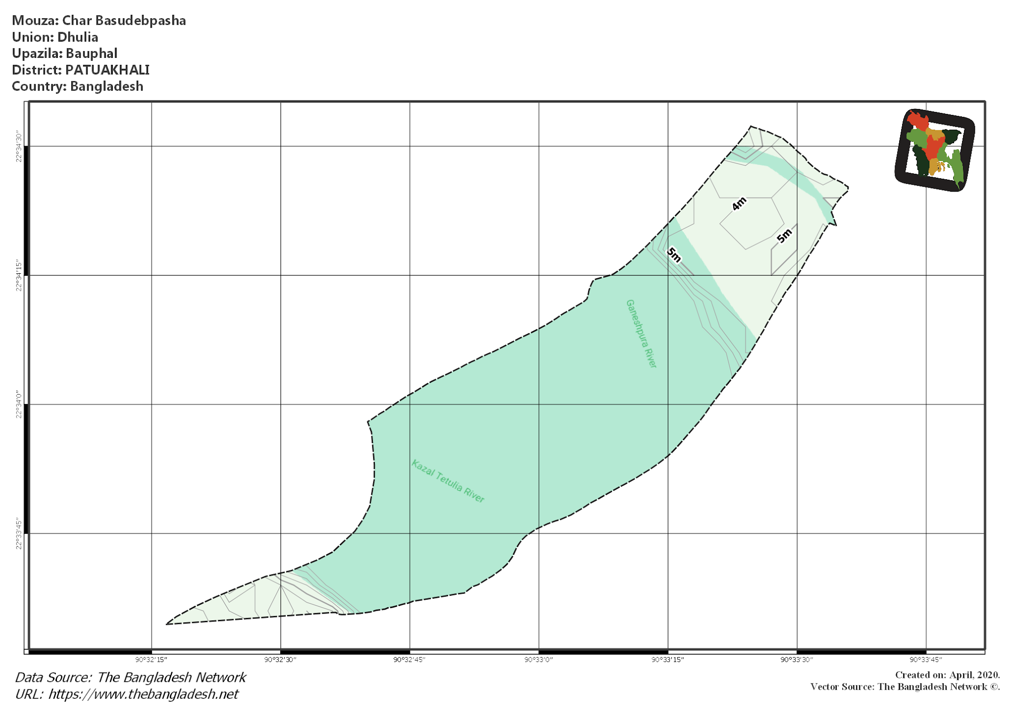 Map of Char Basudebpasha Mouza of Bauphal Upazila, PATUAKHALI, Bangladesh.