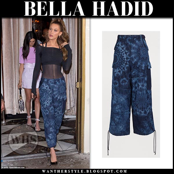 Bella Hadid in blue printed cargo pants in Los Angeles on May 8 I want her style What