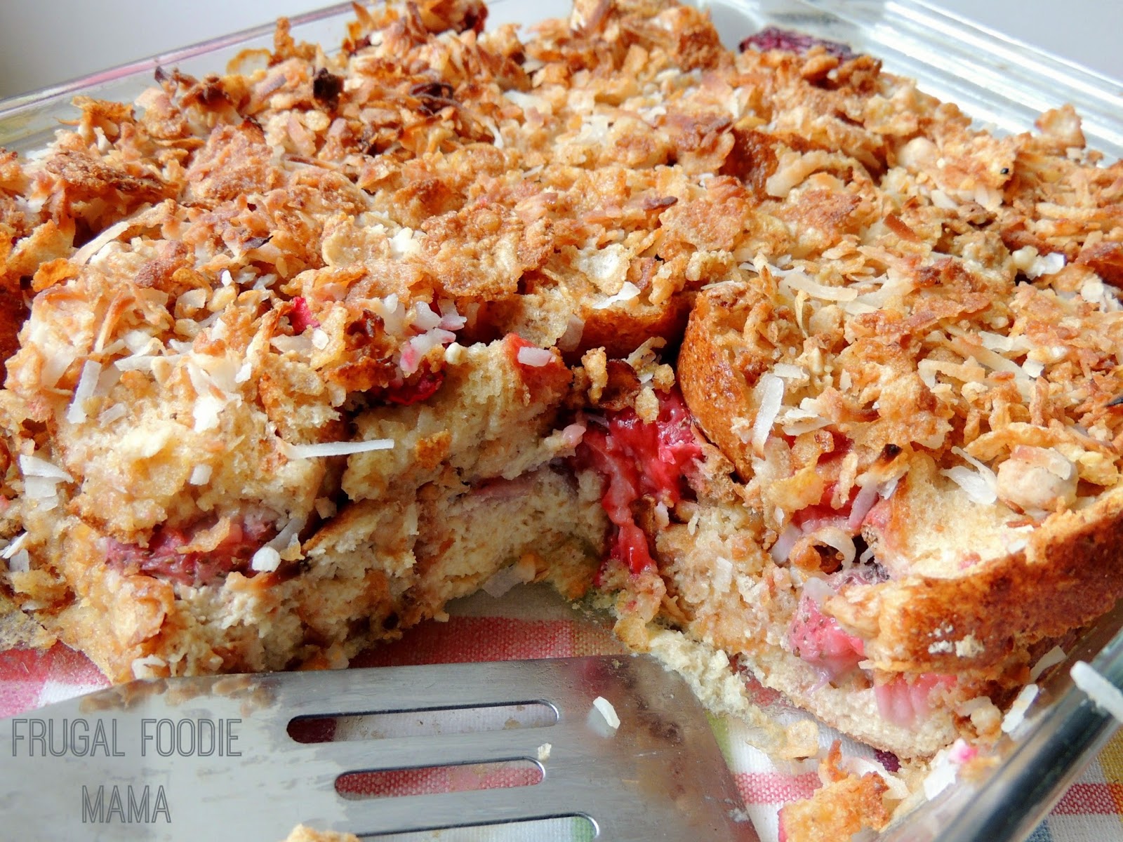 This delicious Strawberry-Coconut Crunch Layered French Toast is virtually guilt free thanks to nonfat Greek yogurt, fresh sliced strawberries, & crunchy Post Honey Bunches of Oats Greek Honey Crunch cereal.