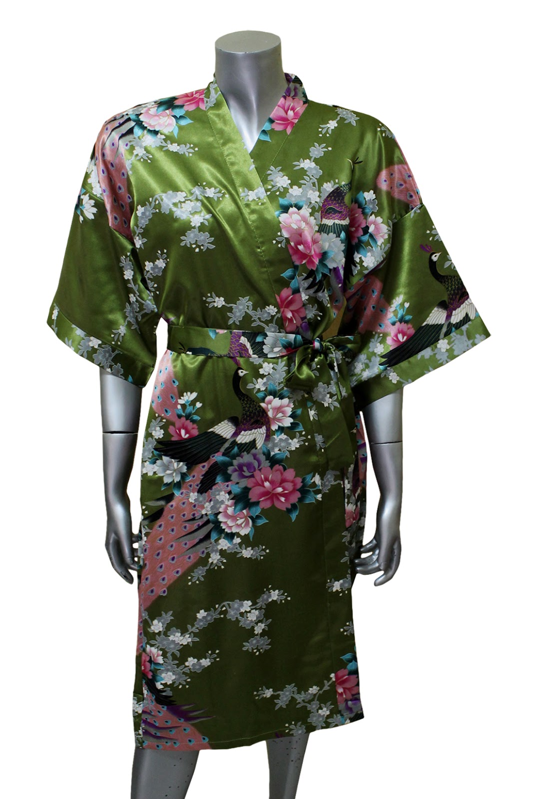 Peacock Silk Satin Kimono Robe - Green - Kimono robes