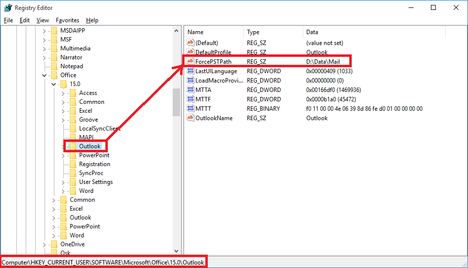 [Microsoft Outlook] Set .pst and .ost files location with ForcePSTPath