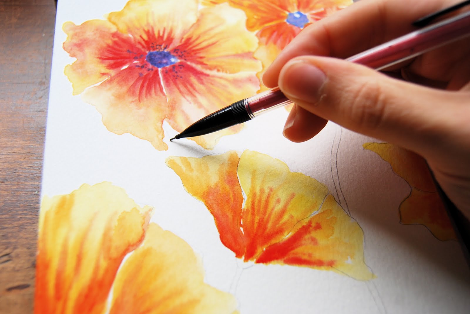 Painting in Trees Orange Flowers Tutorial Part 2 Stems and Leaves