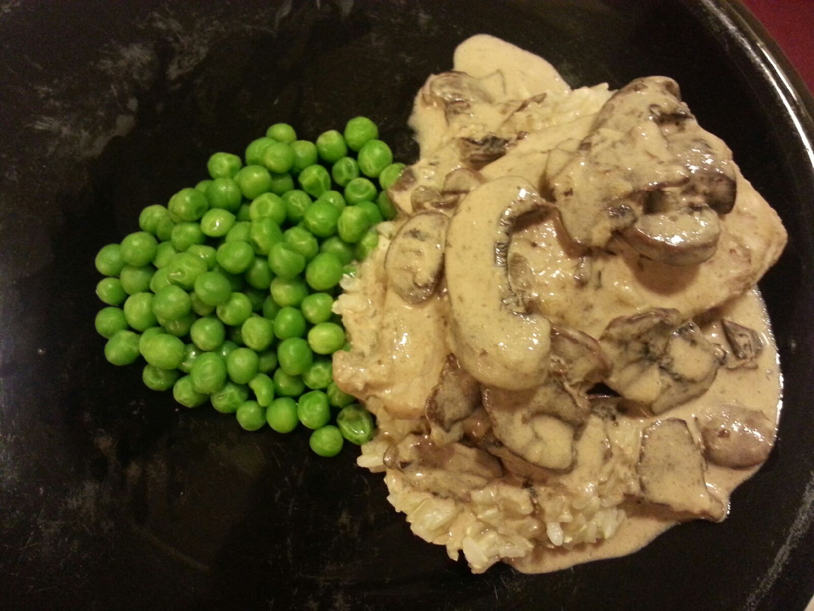 Halfway Healthy Sour Cream Chicken over Brown Rice with a side of Peas