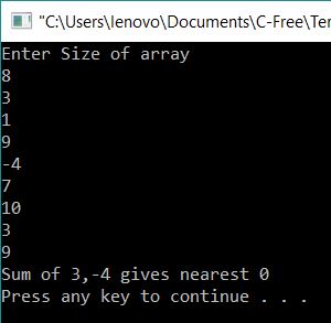 Array Pair which when added will give nearest zero