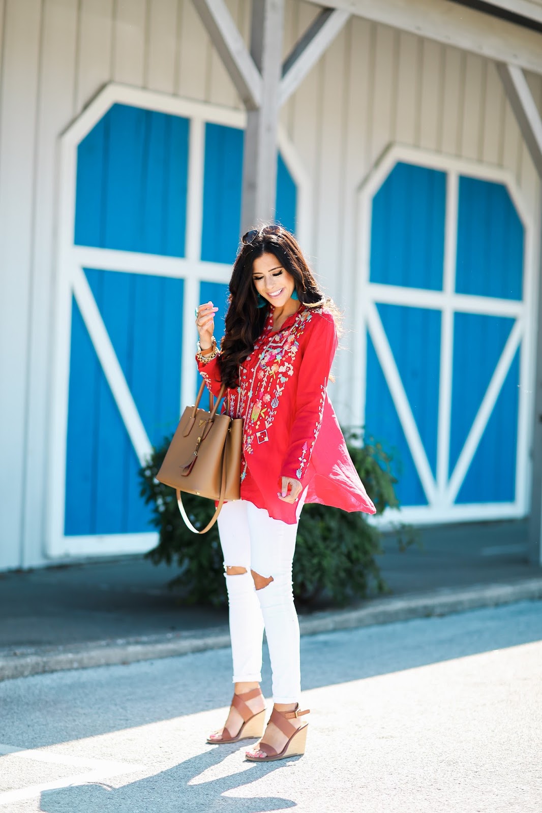 johnny was embroidered top, H&M tassel earrings, brand white distressed denim, emily gemma, the sweetest thing, tulsa fashion blog, prada camel double tote, cinco de mayo outfit idea, summer outfit idea pinterest, summer fashion pinterest, henri daussi engagemetn ring, dolce vita tan wedges