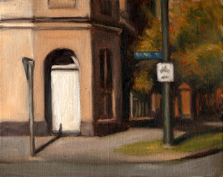 Oil painting of a Victorian-era building on a street corner with various street signs, front fences and trees.